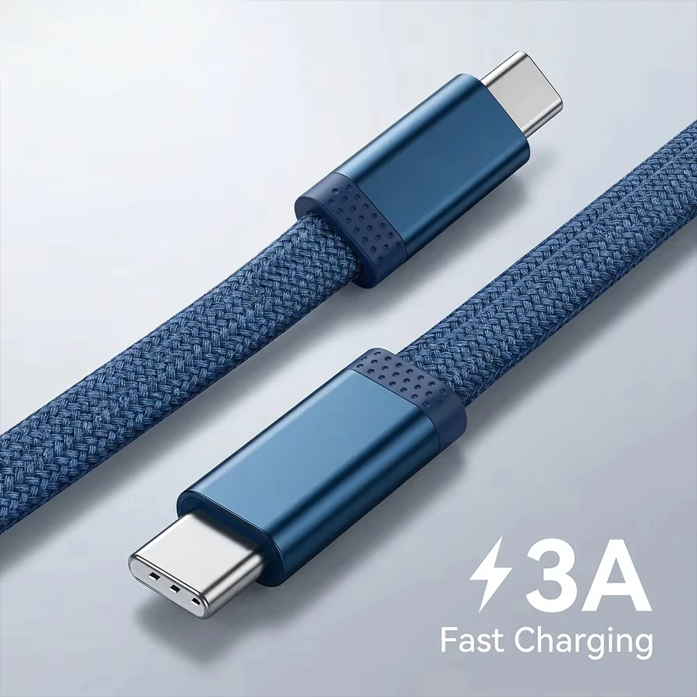 60W Charger Cable USB-C to Type C Fast Charging Cable Flat Shoelace Style Orange Woven Deep Blue