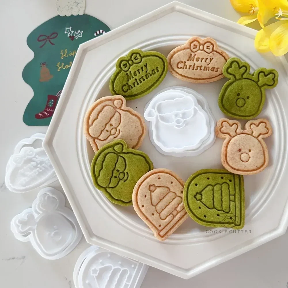 Cute Christmas Cartoon Elk Santa Biscuit Mold Merry Christmas English Blessing Words Cookie Cutter Crystal Ball Tree Baking Tool