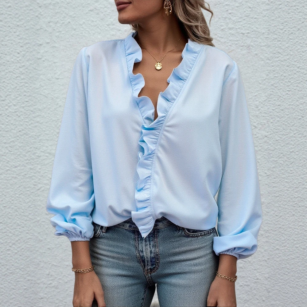 Camicie autunnali da donna Camicetta con scollo a V con dettagli a balze 2025 e maniche a sbuffo per un stile quotidiano giocoso ma chic