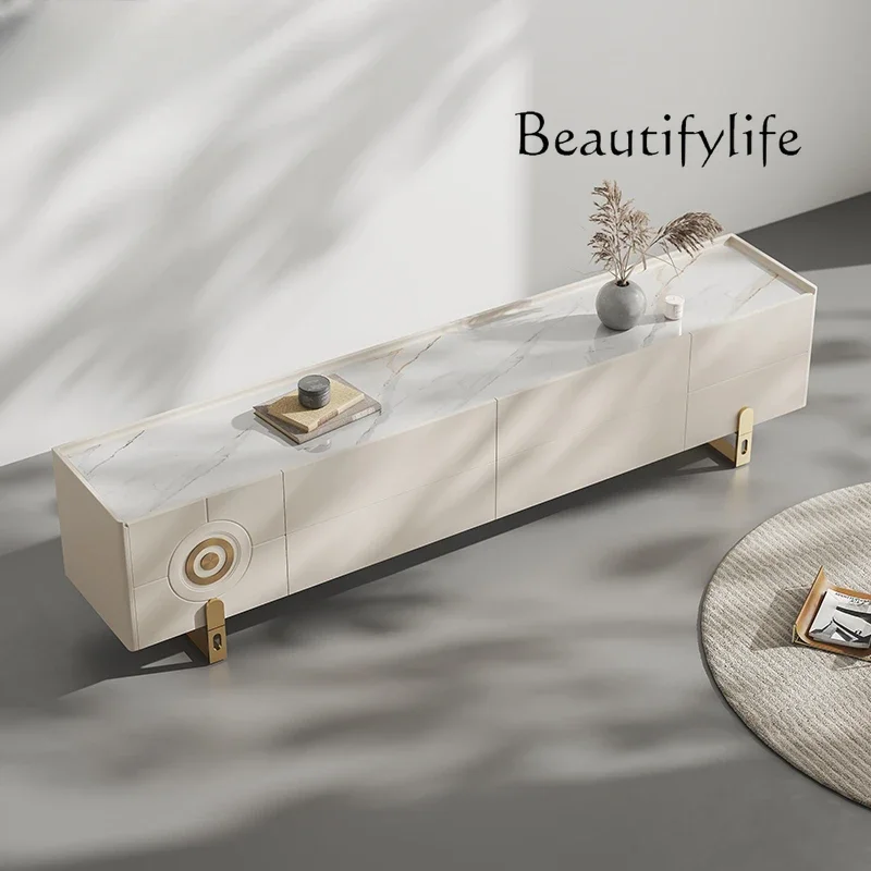 

French Entry Lux Solid Wood TV Cabinet Italian Minimalist Living Room Stone Plate Storage Audiovisual Cabinet