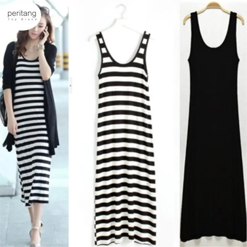 

Korean Style Summer Bottoming Small Black Modal Vest Black and White Striped Sleeveless Home Beach Female robe Dress