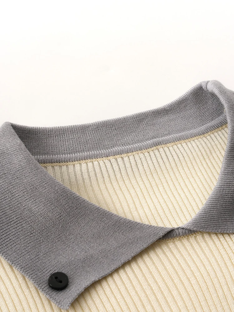 Maglieria da donna con colletto rovesciato in colore retrò a contrasto, stile coreano, moda, manica lunga, maglione slim fit, pullover chic femminile