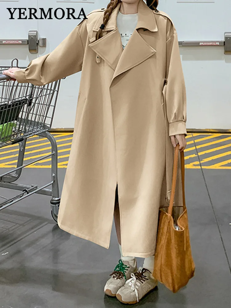 

YERMORA Khaki Belted Big Size Casual Trench For Women Lapel Long Sleeve Loose New Windbreaker Fashion Tide Spring Autumn 2025