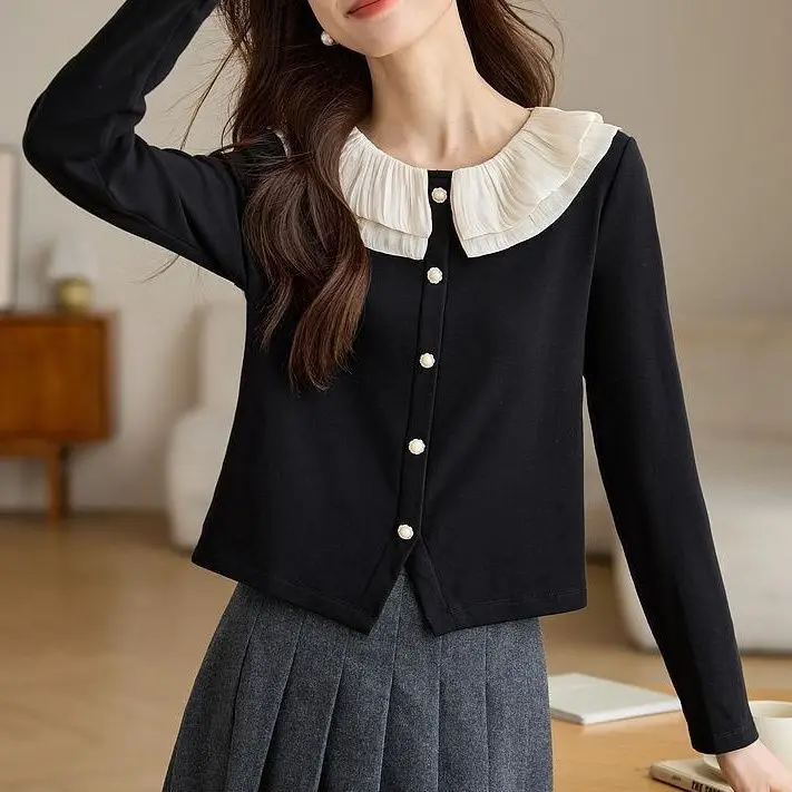 French Style Small Fragrance Temperament Fashionable Outerwear Shirt Short Fit Slimming Chic Long Sleeved Women's Top