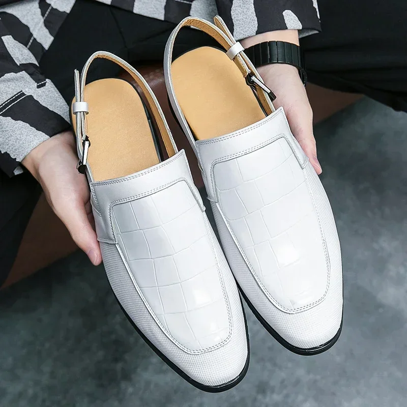 

New Sandals Men PU Stone Pattern Splice Solid Color Buckle Low Heel Fashion Comfortable Non Slip Business Casual Sandals
