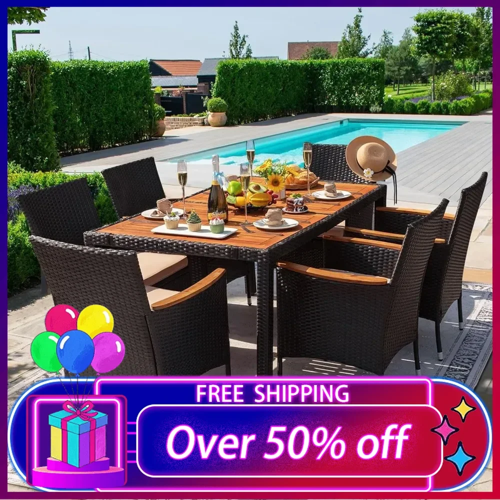 Dining 7 PCS Furniture, Patio Conversation Set with Acacia Wood Table Top, Rattan Outdoor, Black