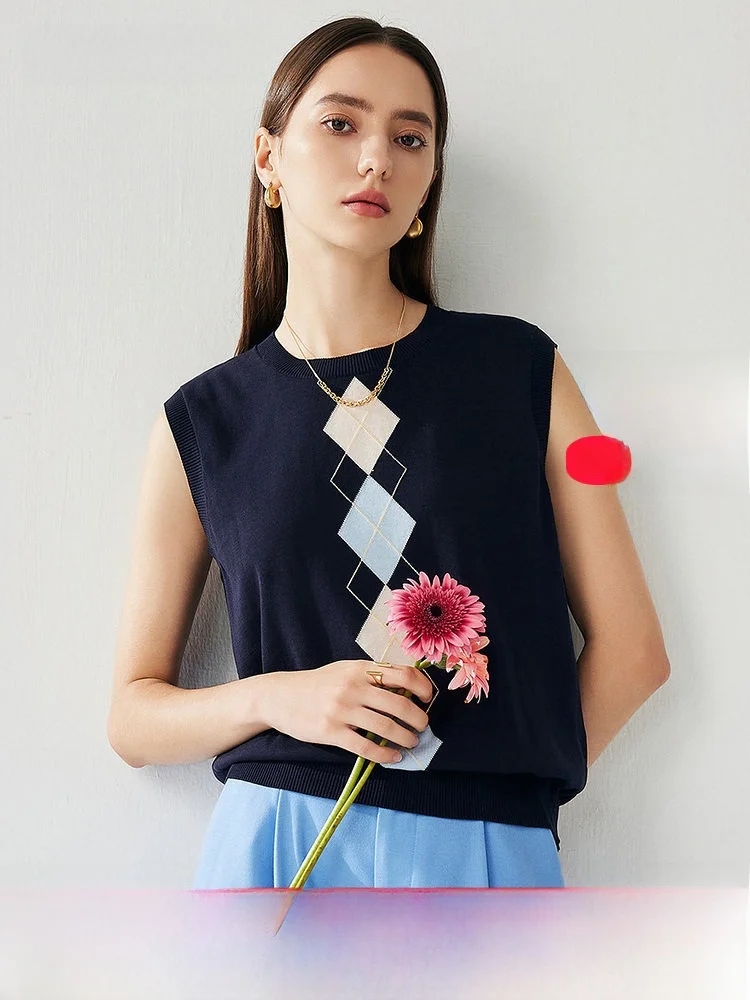 

Женский шелковый жилет Zhaojun с ромбовидным узором, новая коллекция Весна-Лето, тонкий вязаный топ с круглым вырезом для повседневной носки