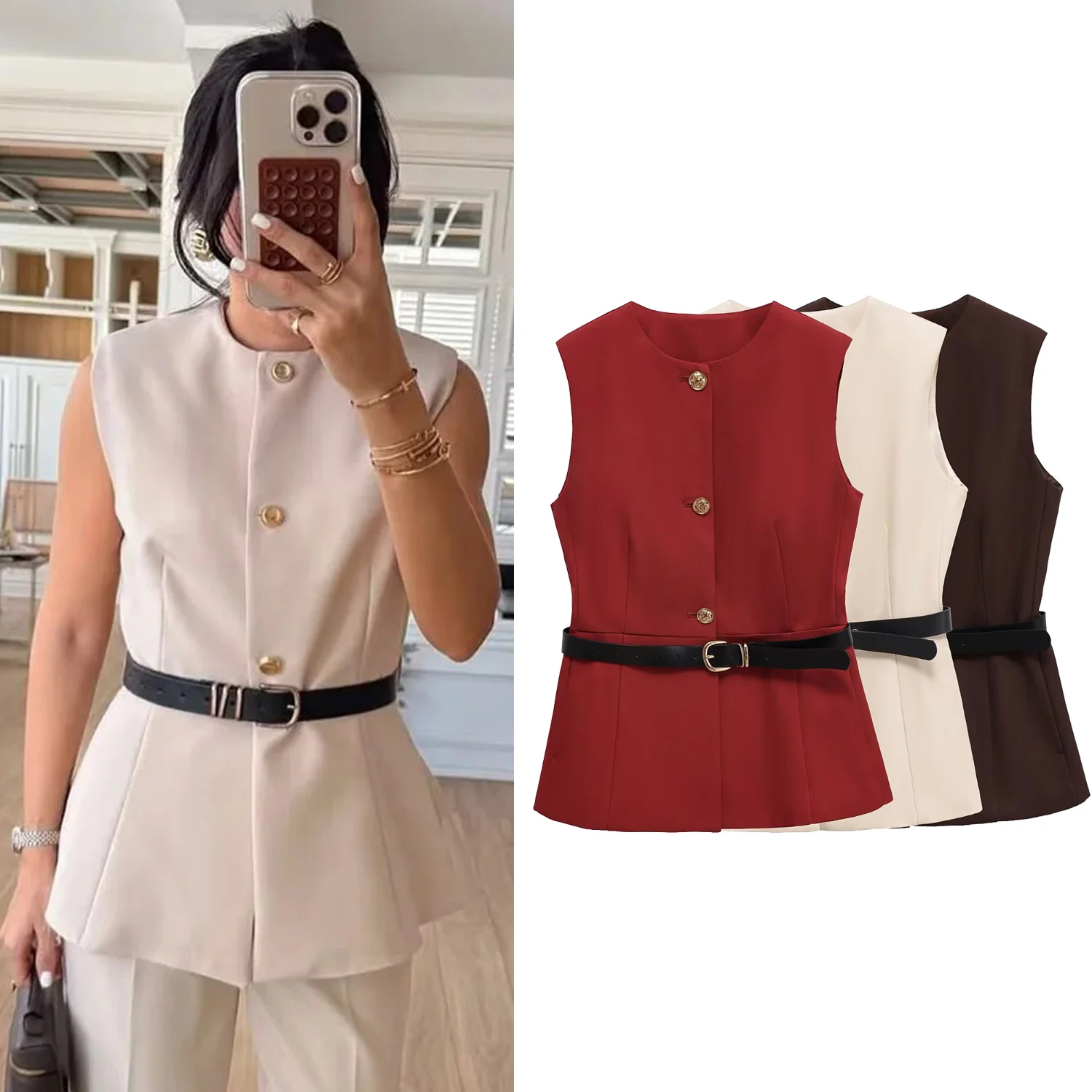 

Women's Autumn Winter New Fashion Long Waistcoat With Belt Front Gold Button O Neck Sleeveless Vest Female Outerwear Chic Tops