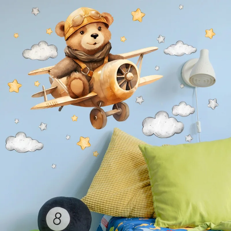 Cartoon Cute Teddy Bear Dirve Plane Wall Stickers Removable for Kids Room Boys Room Decor Vinyl Nursery School Decoration Decals