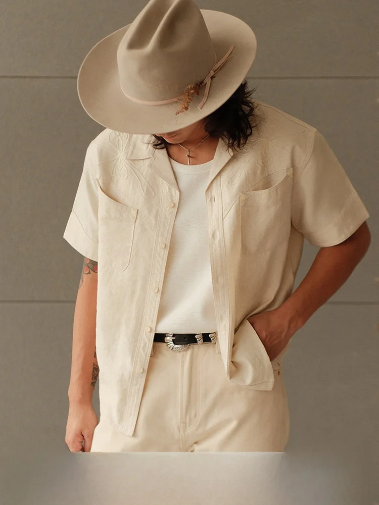 

Western Series 8OZ Cus Woven Reins Linen Blend Cuban Collar Vintage ort Sve irt MBBCAR Narrow Width Breathable Summ...