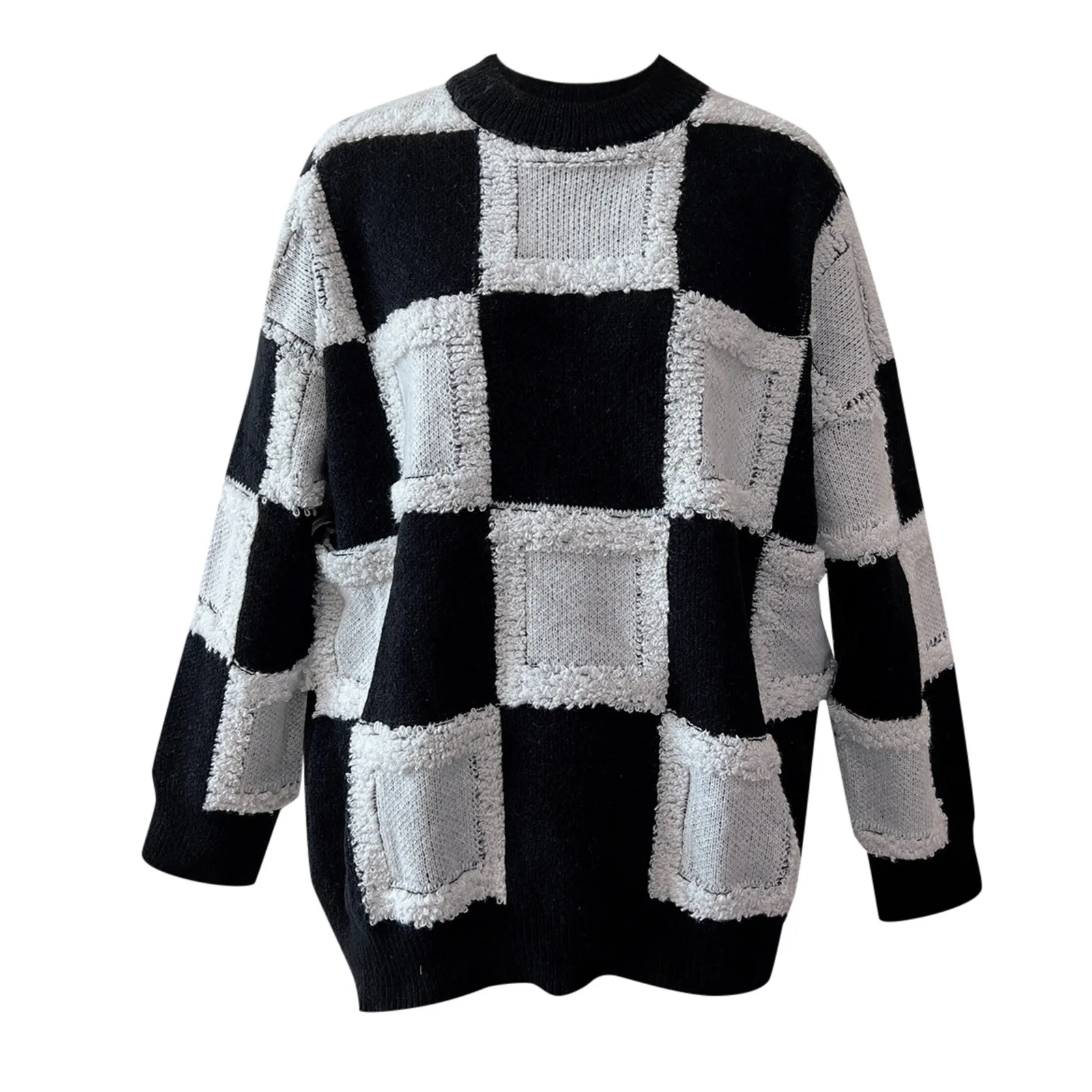 Women Plaid Chic Pullover Sweater Puff Sleeve Checkered Oversized Women\'s Sweaters Autumn Winter Sweater Tops Y2K Clothes