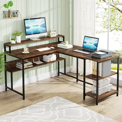 Tribesigns 59 Inch L Shaped Desk with Monitor Stand, Reversible Corner Computer Desk with Storage Shelves Rustic Brown