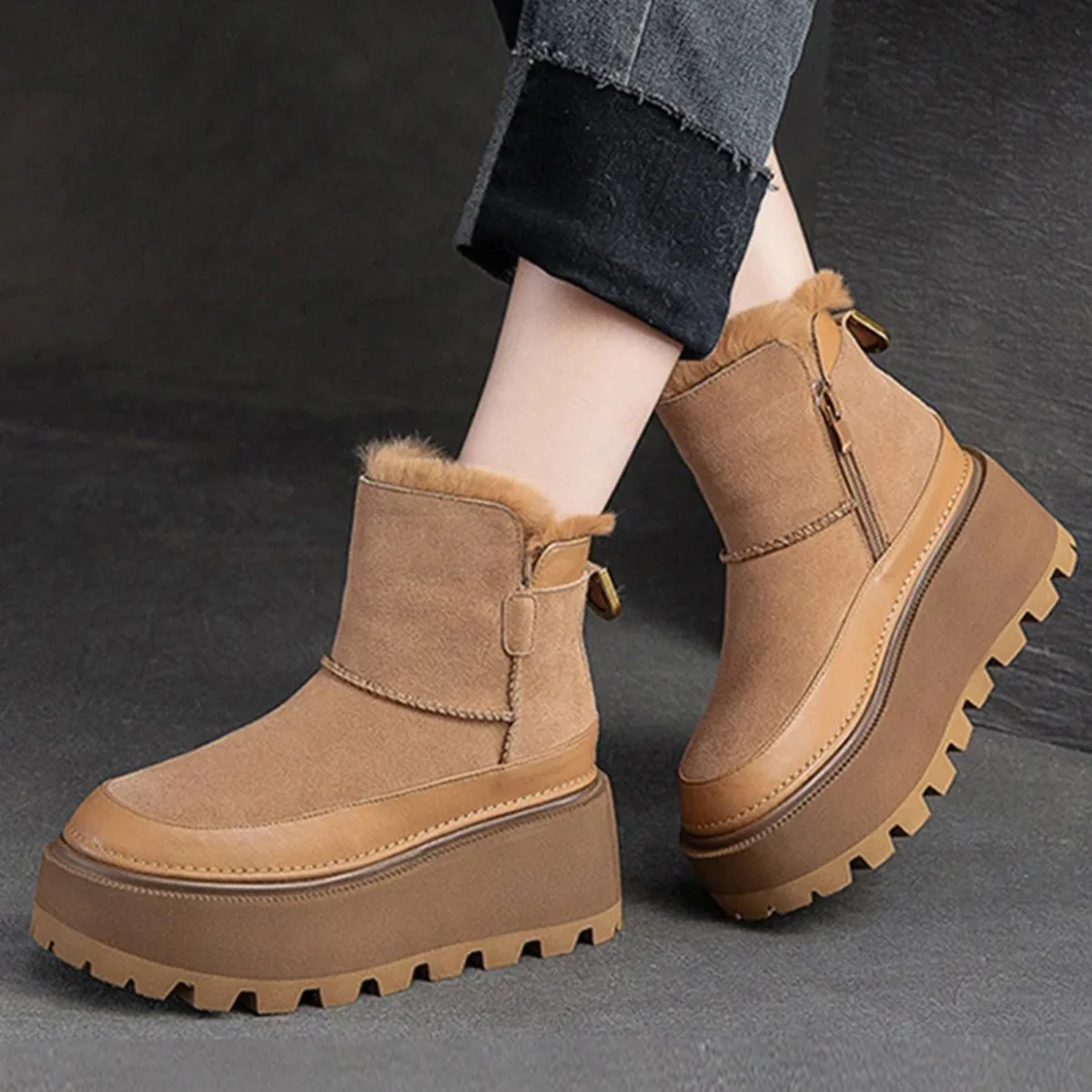 Bottes de rinçage à plateforme pour femmes, chaussures en daim, courtes, peluche, coton, mi-talons, tendance, chaudes, confortables, hiver, nouveau, 2025