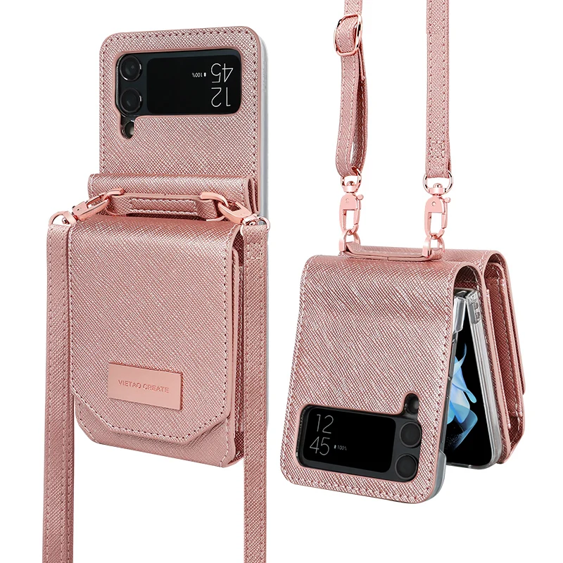 Vietao-Z Flip 4 Cards Wallet Case With Crossbody Strap, Rose Gold PU Leather Purse Phone Case For Samsung Galaxy Z Flip 3, z5 z6