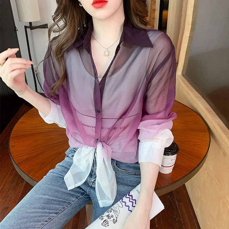 Fashion Gradient Color Chiffon Shirt Women Summer Tie Dye Contrast Color Sun Protection Shirts Woman Korean Streetwear Blouse