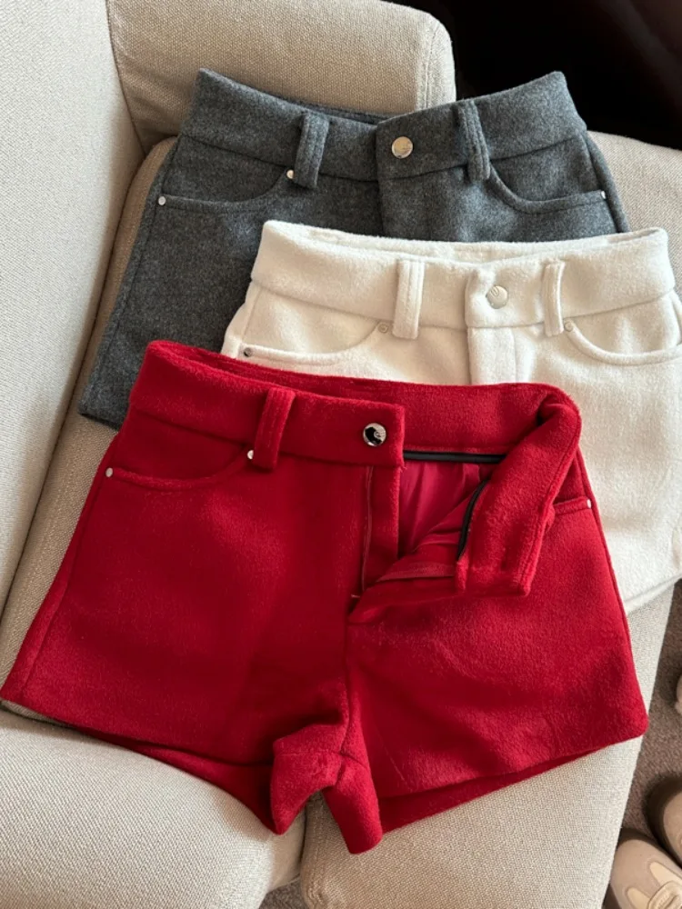 

Американский стиль: шерстяные шорты-кюлоты A-силуэта для женщин, осенне-зимняя верхняя одежда, базовый слой, шорты-буткаты, укороченные шорты