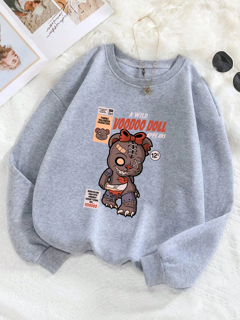 Cartoons Womans Hoodies Kawaii Voodoo Doll Printing Sweatshirt Comfortable Crewneck Fleece Warm Pullover Fashion Female Clothes