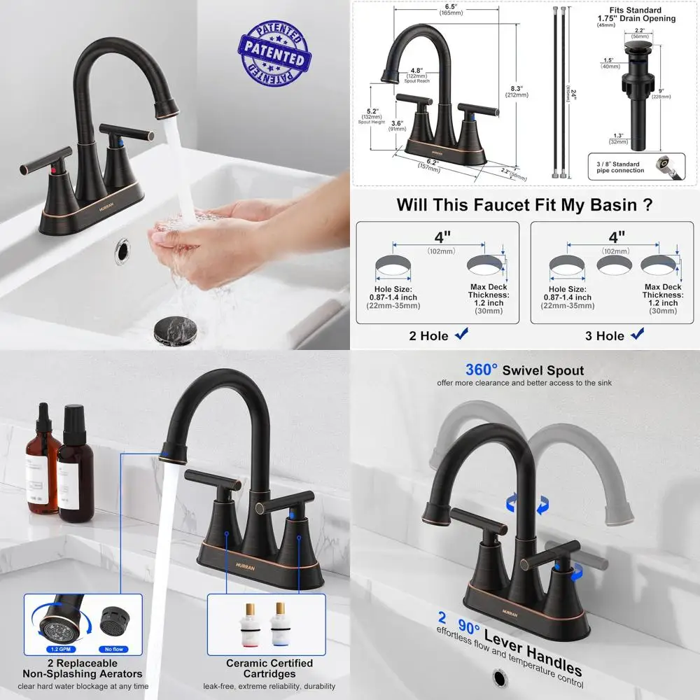 

2-Pack 4 Inch Oil Rubbed Bronze 3-Hole Bathroom Sink Faucet Set with Pop-Up Drain and Lead-Free Hoses for Vanity and RV