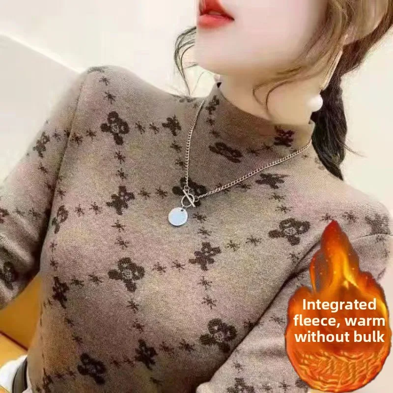 Women's Thickened Fleece Lined Half High Collar Base Shirt Fashionable Warm Inner Wear Integrated Fleece Long Sleeve T-Shirt