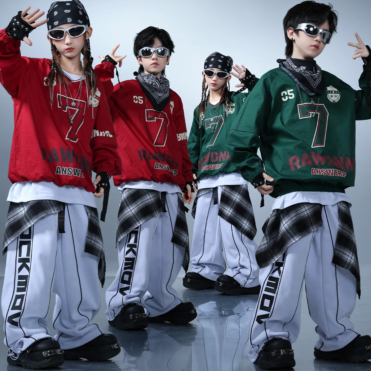 Abbigliamento Hip Hop Kpop per bambini Felpa in jersey con orlo elastico rosso verde Pantaloni sportivi da strada bianchi per abiti da ballo per ragazza ragazzo