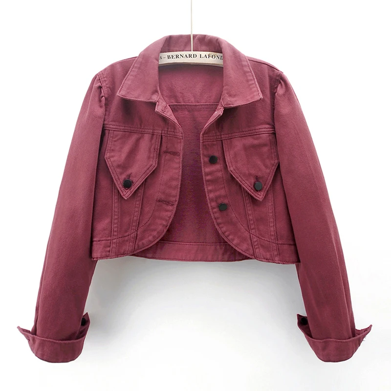 

Spring Autumn Burgundy High Waist Denim Jacket Women Casual Cowboy Outerwear Korean Fashion Slim Short Jeans Jacket Coat Female