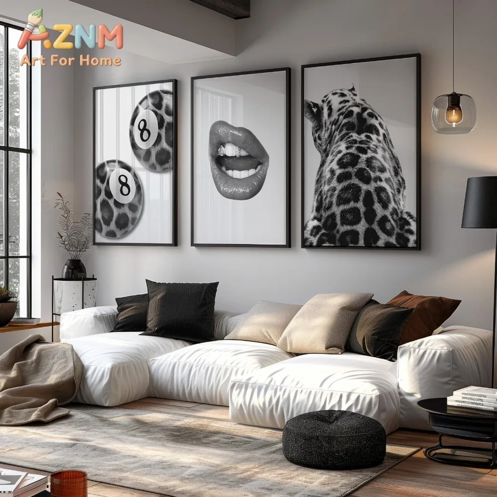 1 Stück/3 Stück Y2K Schwarz-weiße Leopardenlippen Nr. 8 Ball Leopardenmuster Wohnzimmer Leinwandbild Rahmenlos