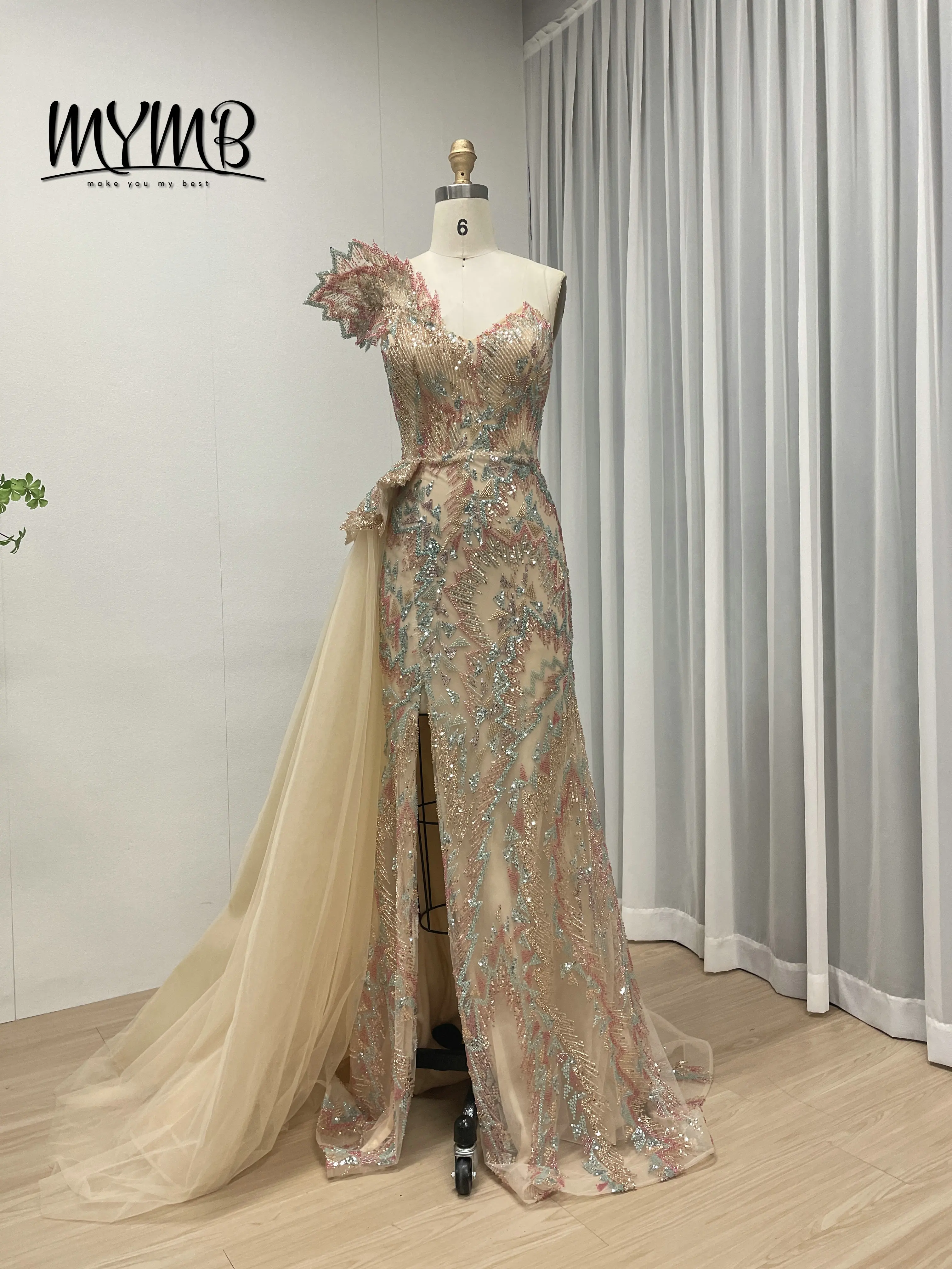 MYMB Luxury Couture High Slit Sexy Bodycon Banquet Dress Embellished Exquisite Colorful Embroidered Bead With Side Skirt MB40323