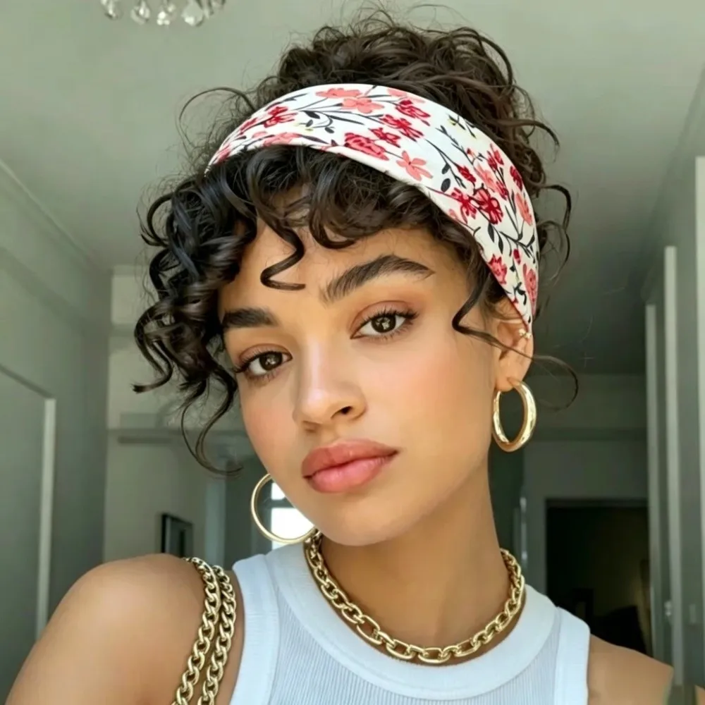 Floral Pattern Elastic Headband Wide Width Sweat Absorbent Floral Hair Band Breathable Fabric Elastic Stretch