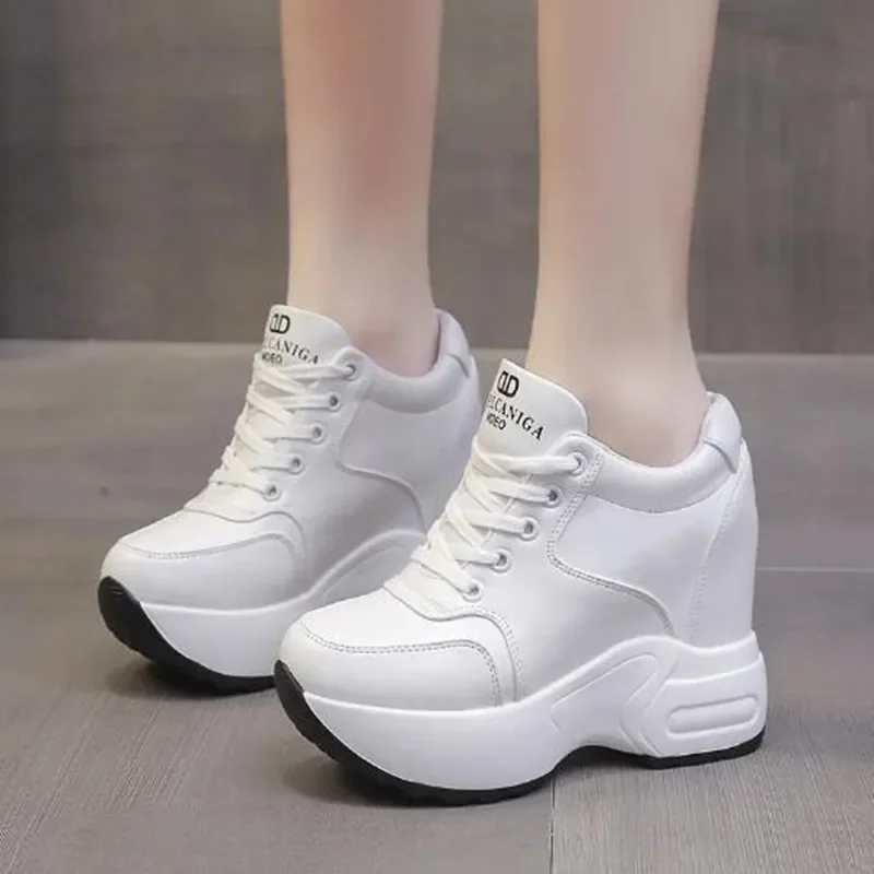 2025 Women's Ankle Boots Autumn Leather Chunky Shoes Woman Platform Height Increased Sneakers 10CM Thick Sole Wedges White Boots