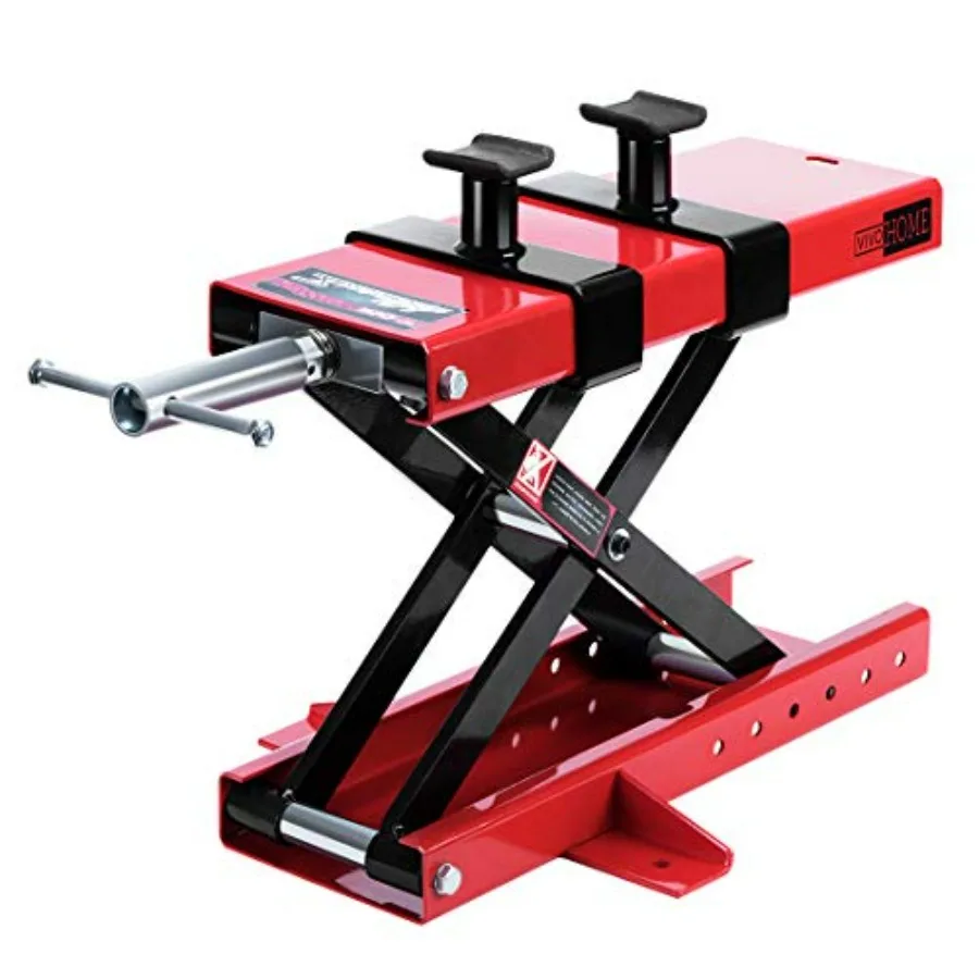 

Heavyduty steel motorcycle and ATV scissor lift jack crank hoist stand with adjustable saddle and safety pins for secure vehicl