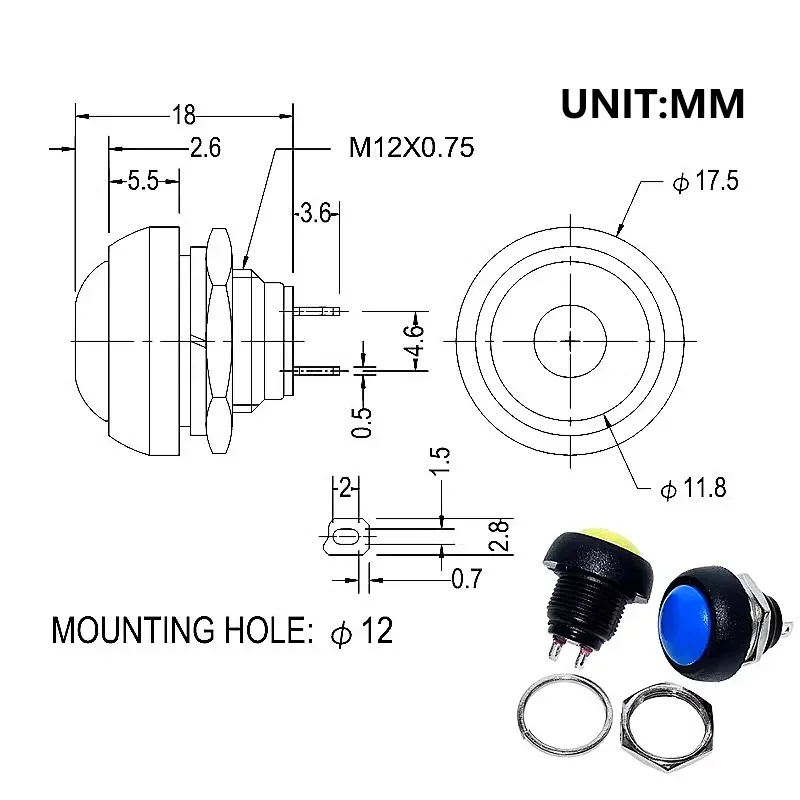 5/20/100PCS 2Pin Mini Round Push Button Switch,PBS-33A Self-Locking/33B Self-reset 12mm,3A250VAC/1A125VAC Electrical Equipment