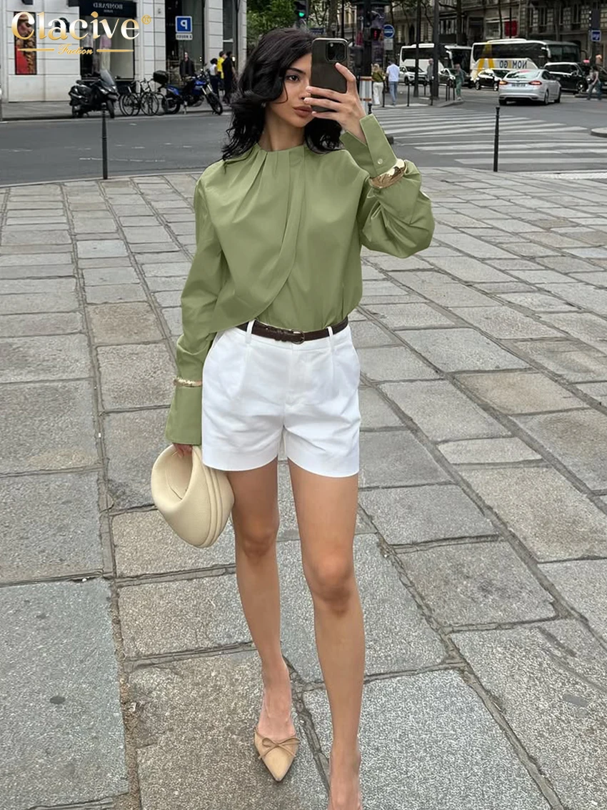 Clacive Fashion Loose Green Cotton Women's Shirt 2025 Casual O-Neck Long Sleeve Shirts Elegant Classic Solid Top Female Clothing