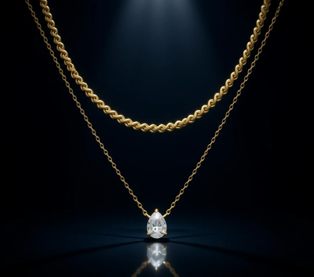 

Комплект многослойных ожерелий: витое сингапурское цепное колье-чокер с подвеской-солитером и подвеской в форме груши