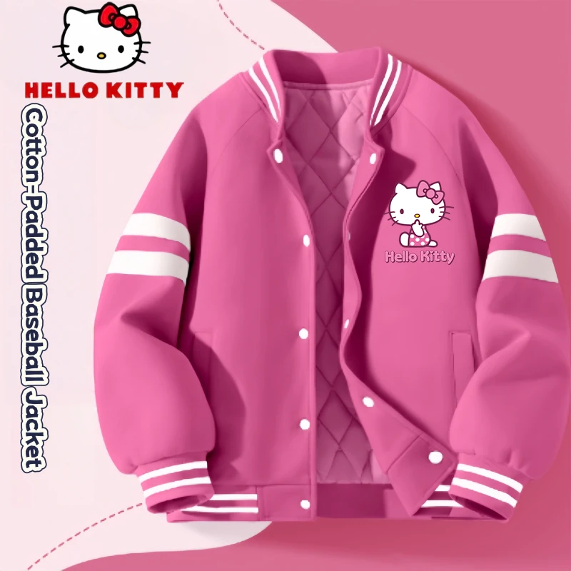 

Hello Kitty Kids Thickened Baseball Jacket Girls Autumn Winter Warm-keeping Windproof Outwear Cute Pattern Baseball Jacket