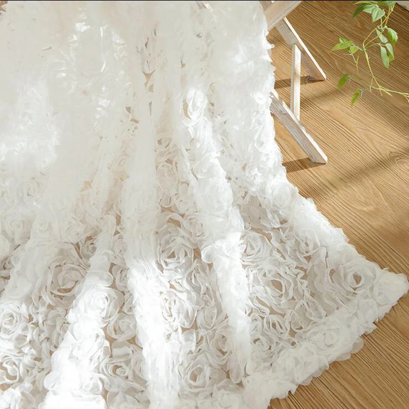 White Lace 3D Rose Curtains Voile Custom Window Screens For Marriage Pastoral Korean Creative Living Room Bedroom Drapes