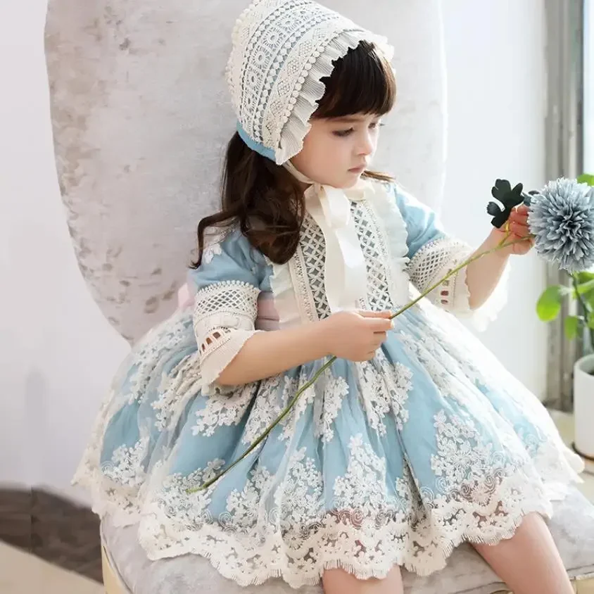 

3PCS Autumn New Spanish Lolita Princess Dress Lace Stitching Sweet Cute Dresses For Girl 12M-6T