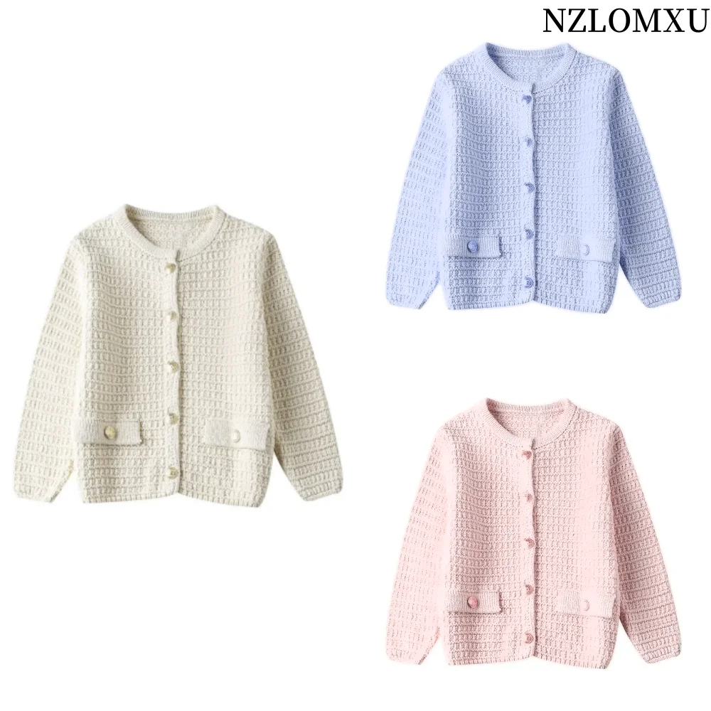 Fashion Knitted Pockets Coats For Women 2024 Autumn Round Neck Long Sleeve Sweater Jacket Lady Elegant Chic Street Outerwear