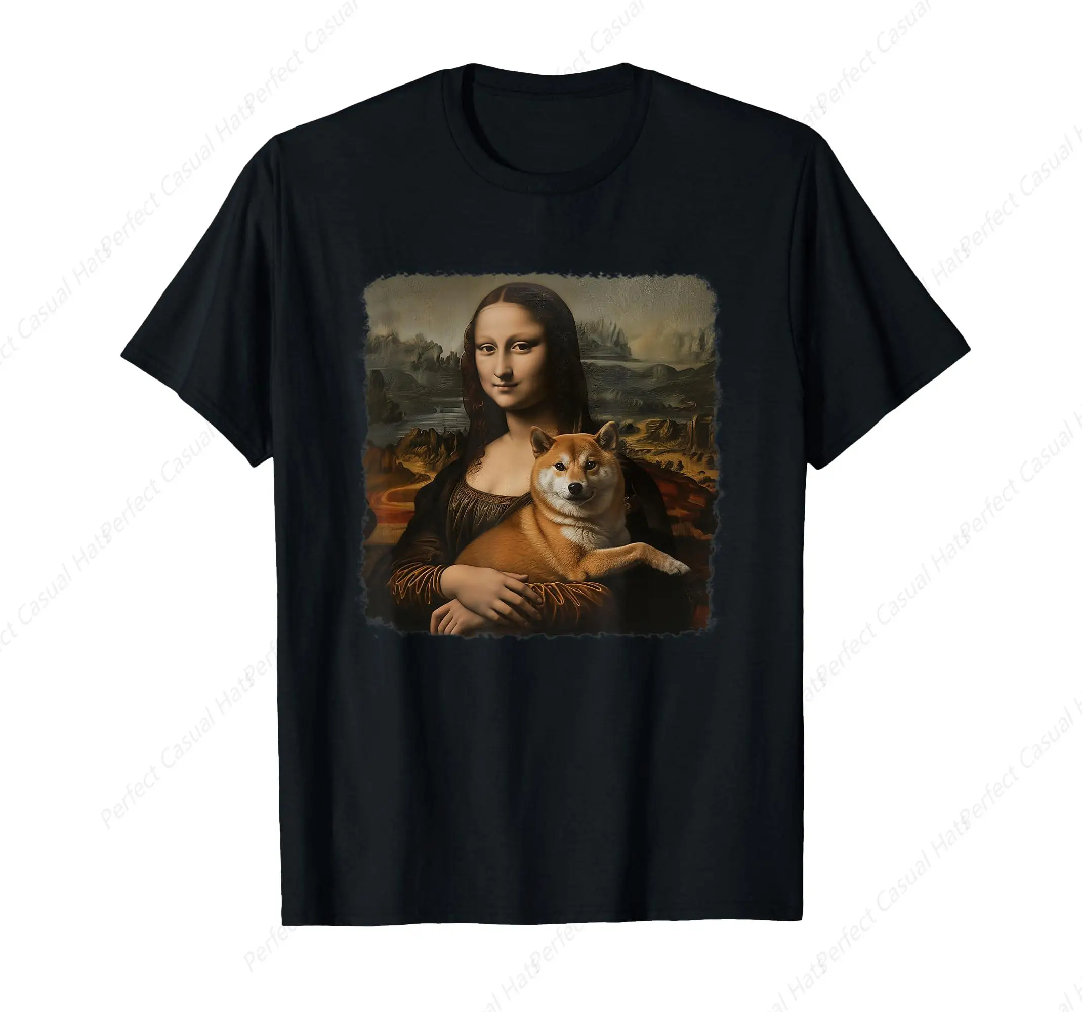 

Mona Lisa With with Dog Funny Shiba Inu Art Painting T-Shirt Free Style Lover Tee Tops High Quality Shirt