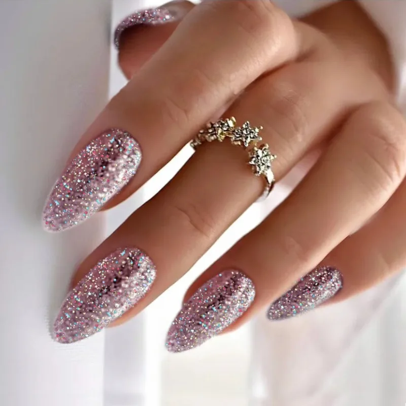 

24 Pcs Almond False Nails for Women Mid-Length Aesthetic Nail Tips Ready-made Artificial Glued Nails Glitter Pink Press on Nails