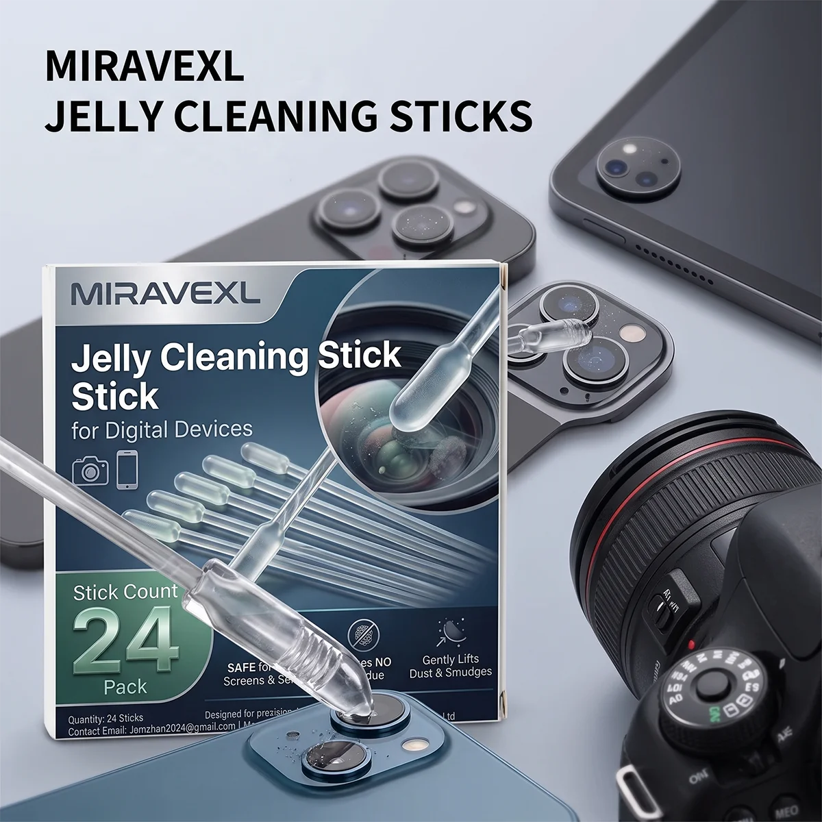 MIRAVEXL 24 Pack Portable Jelly Cleaning Stick Multipurpose Gel Swab Kit for Camera Sensor Lens and Electronics Screen Cleaner