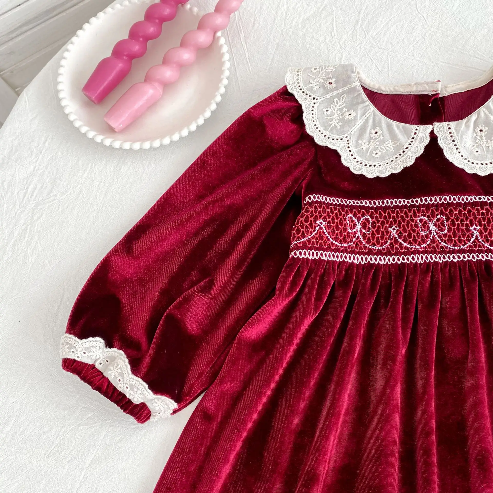 2025 Autumn Girls Red Velvet Long Sleeve Baby Romper Matching Sister Outfits Christmas Plush Velvet Princess Dress for Toddler
