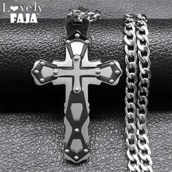 Hip Hop Goth Big Mens Cross Necklace Stainless Steel Silver Color Christian Biker Pendant Long Necklaces Party Jewelry N2339S03
