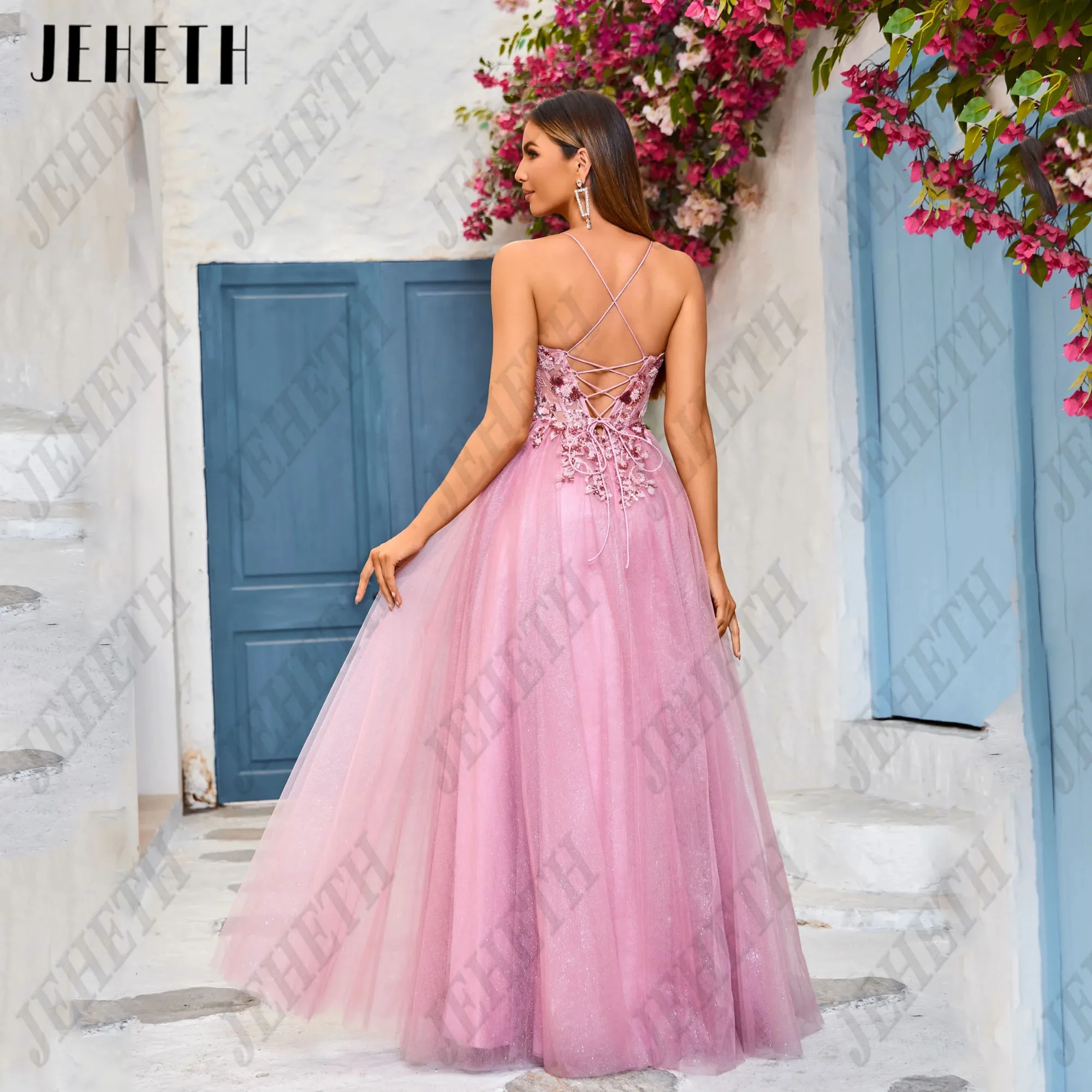 JEHETH Backless Straps Prom Gowns 2025 V-Neck Applique Sleeveless Formal Occasion Dresses Pastrol A-Line Party Dress Customized