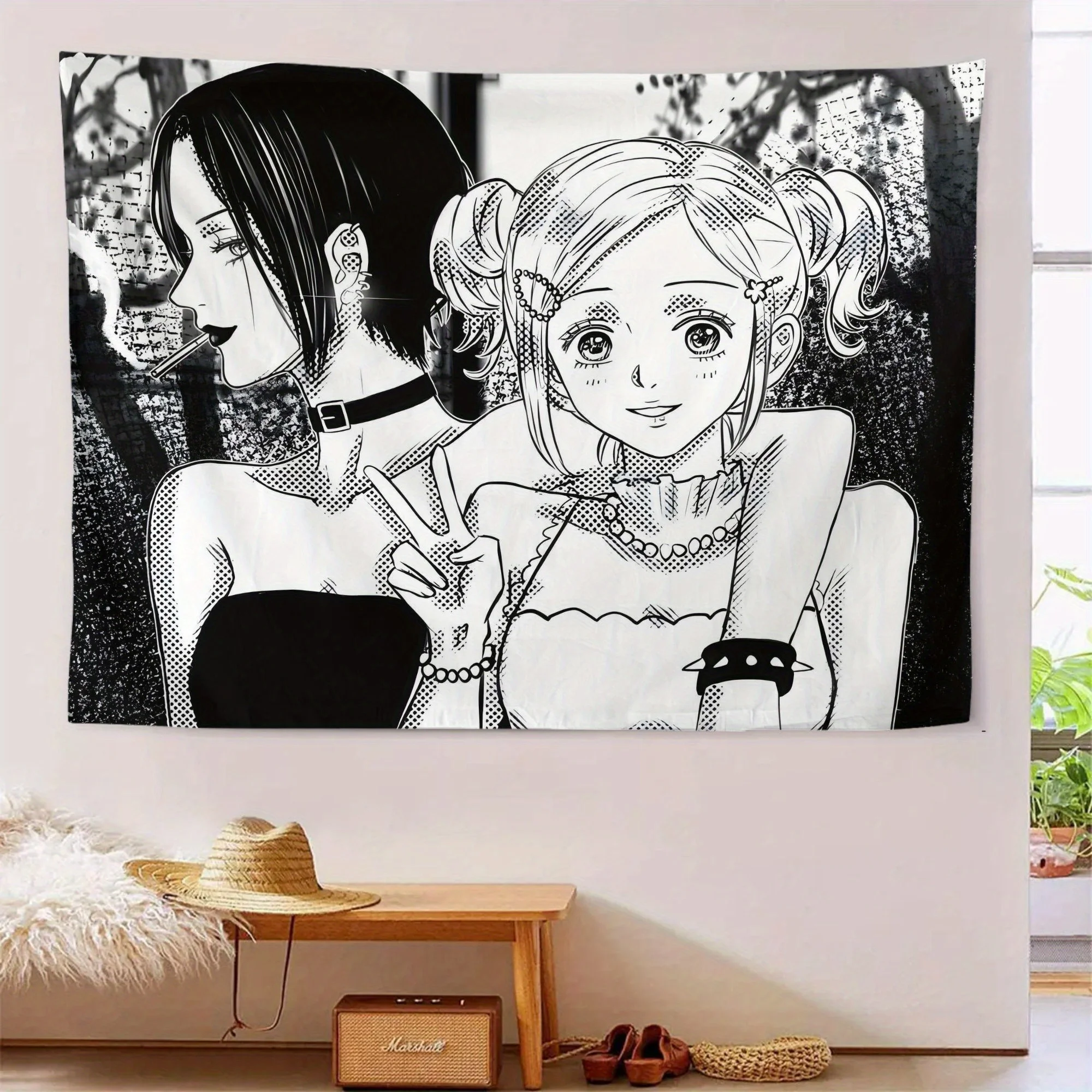 Black and White Anime Girls Tapestry Manga Art Wall Hanging Japanese Cartoon Decor Bedroom Dorm Room Fashion Statement