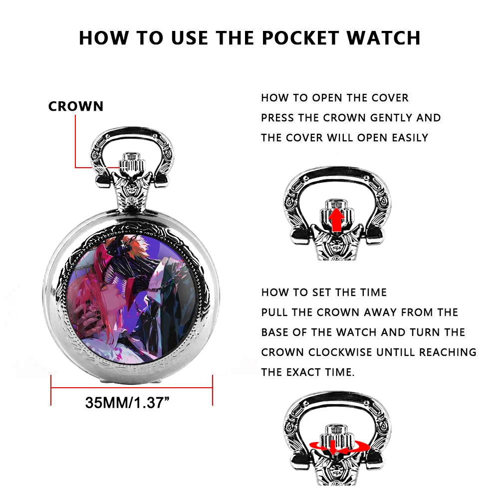 Anime Chainsaw Man Quartz Pocket Watch Chain Necklace Glass Dome Unique Pendant Watch Unisex Gift Manga Collectible Accessory