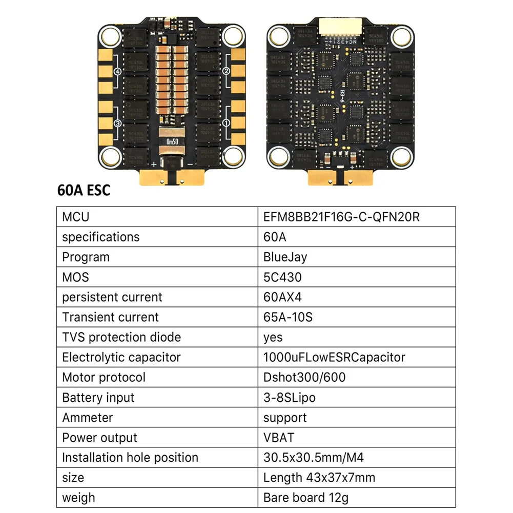 

F405 FC&ESC Stack F405 Flight Controller 60A 4In1 ESC 3-8S Lipo Dual BEC 30.5X 30.5Mm For RC FPV Freestyle Drones Parts