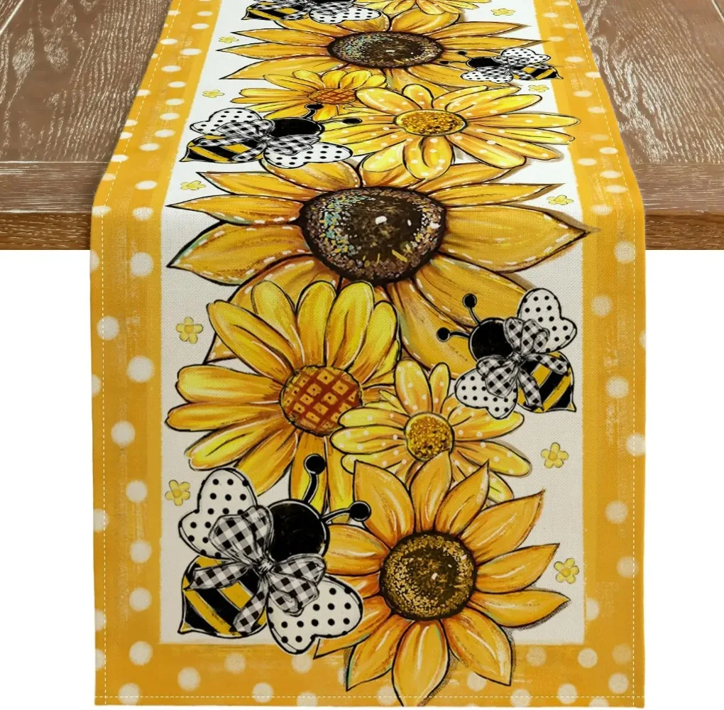 Summer Fall Linen Table Runners Yellow Sunflower Bee Polka Dot Dresser Scarf Table Decor Wedding Party Kitchen Dining Room