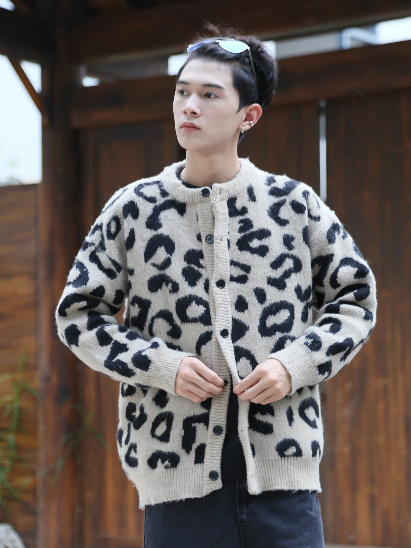 레트로 아메리칸 컬러 블록 레오파드 프린트 니트 소프트 스웨터 카디건 남녀 공용 독특한 디자인 캐주얼 따뜻한 옷