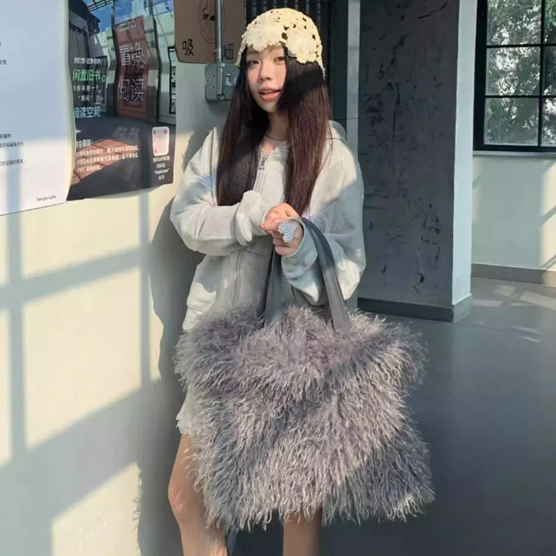 High Quality Artificial Mink Hair Shoulder Bag for Women Winter Trend Soft Solid Color Tote Bag Fluffy Faux Fur Women Handbag