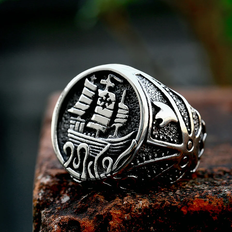 Vintage 316L Stainless Steel Nordic Viking Sailboat Ring For Men Punk Creative Octopus Tentacle Ring Biker Amulet Jewelry Gifts
